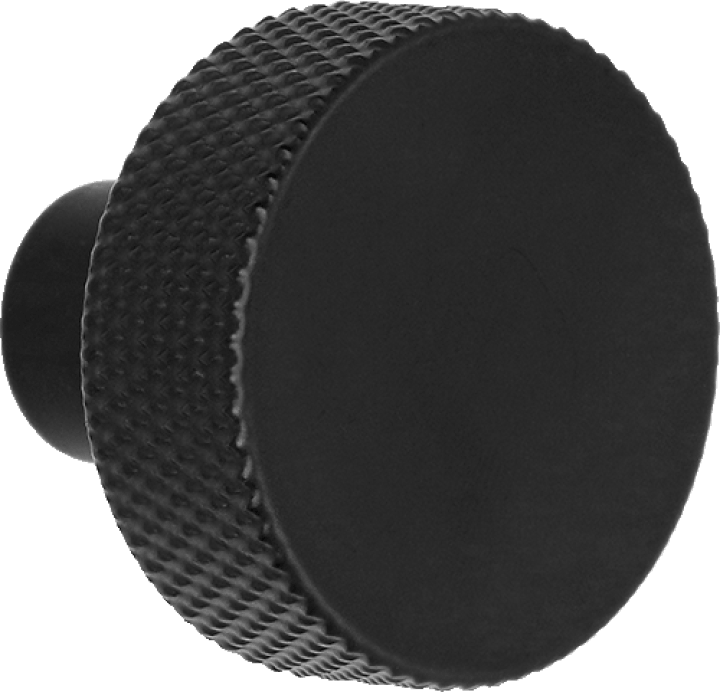 Button handgreep in het zwart, vooraanzicht. Diameter van 3,5cm, diamond cut structuur op de rand. Van uit de boetiek van Maatkasten Online.