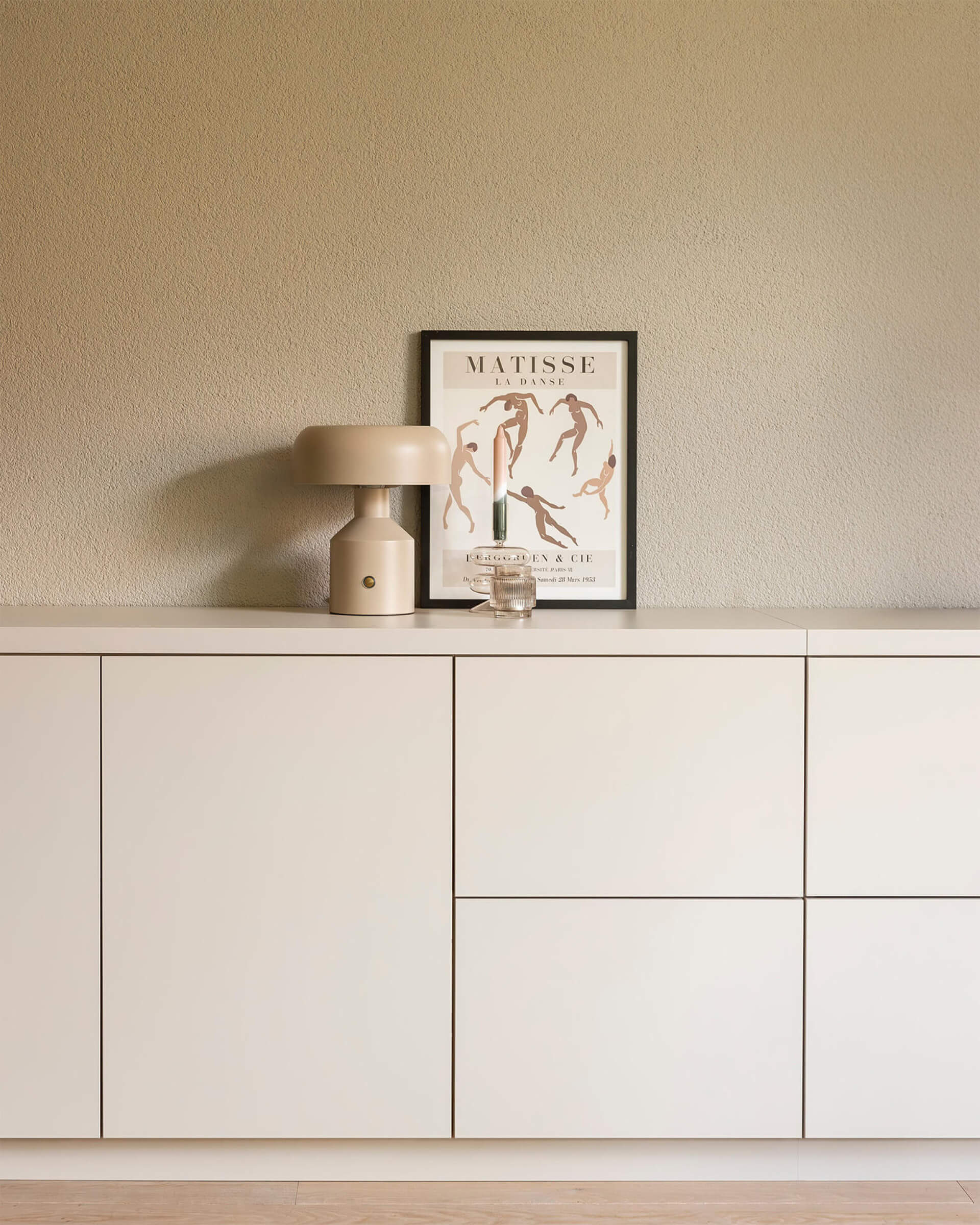 Custom-made sideboard in Dune Beige in a Dutch living room