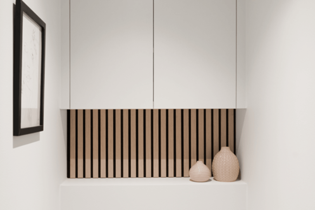 Toilet with a Front White toilet cabinet and Ivory Oak acoustic wall panels
