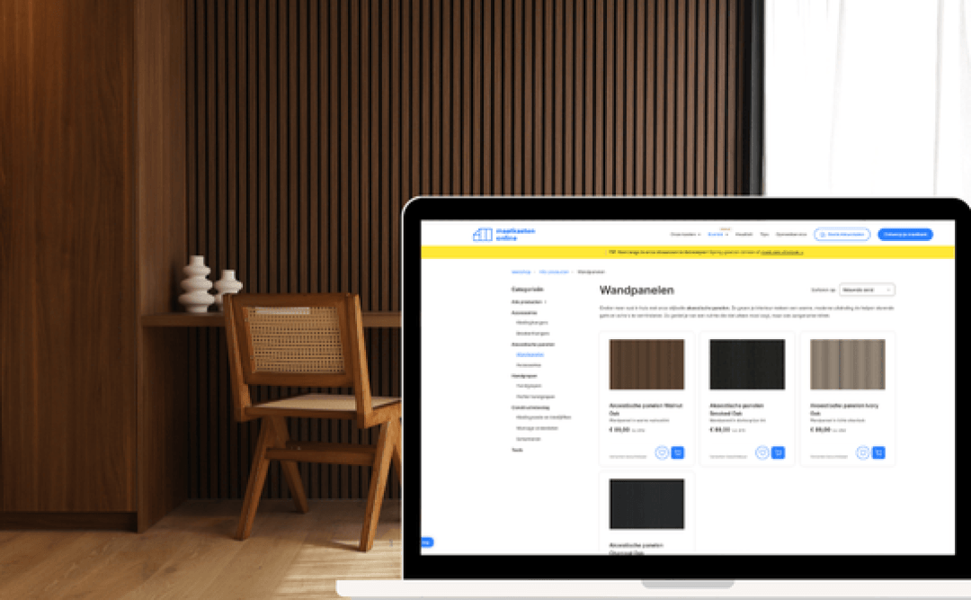 de boetiek van de akoestische wandpanelen met een voorbeeld achter de computer