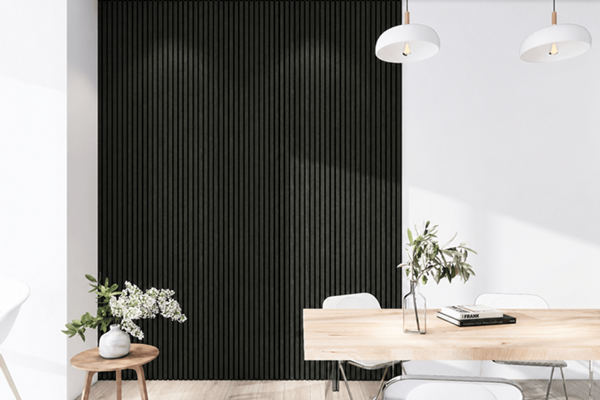 Dining area with Smoked Oak acoustic wall panels next to the dining table