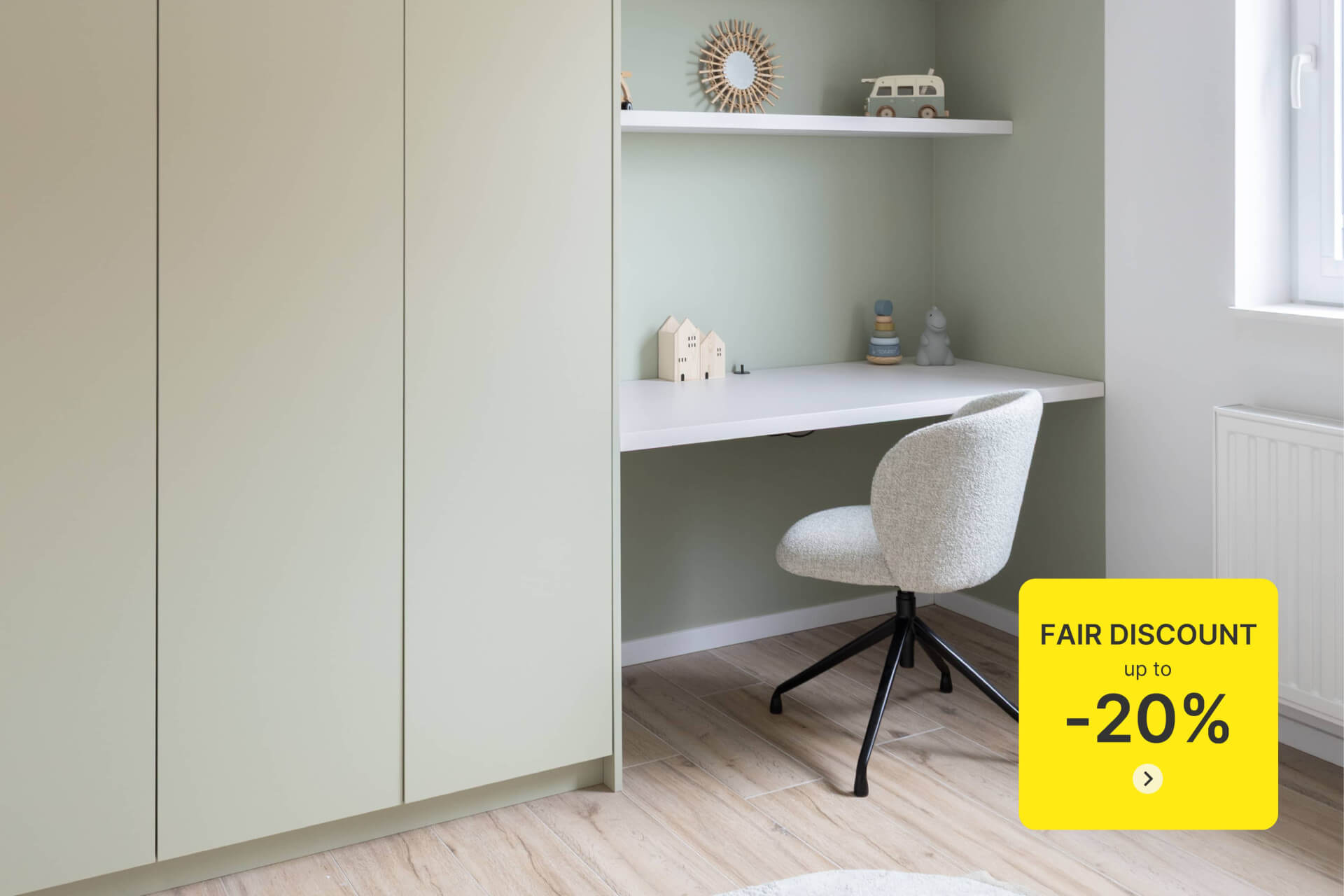 Enjoy up to 20 percent discount on your customised cupboards