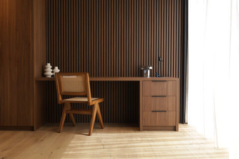 Custom built-in desk cabinet in Lorenzo Walnut with storage cabinet in Lorenzo Walnut
