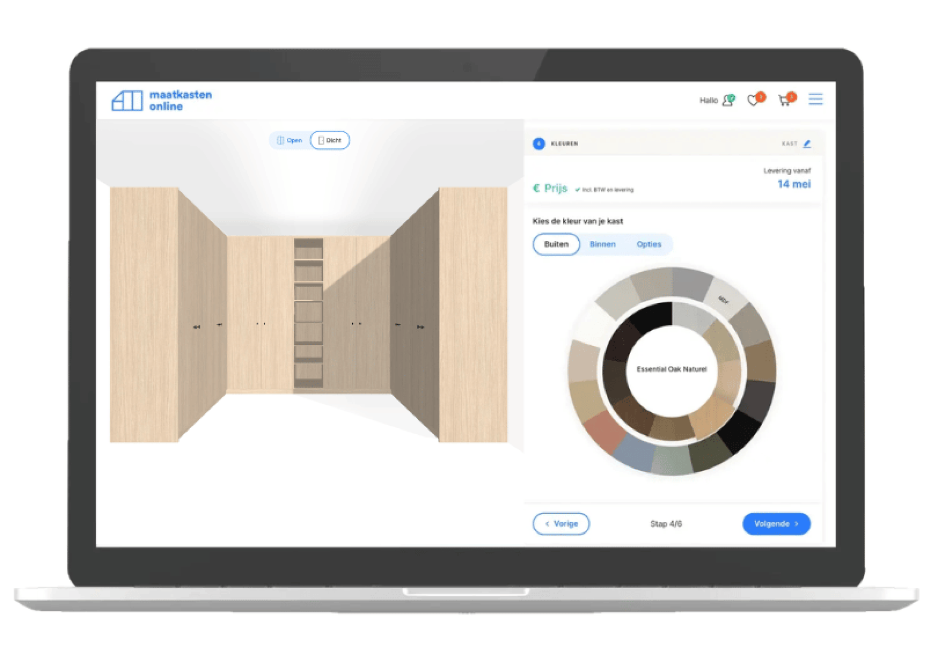 Een U-kast ontworpen in de 3D ontwerptool van Maatkasten Online