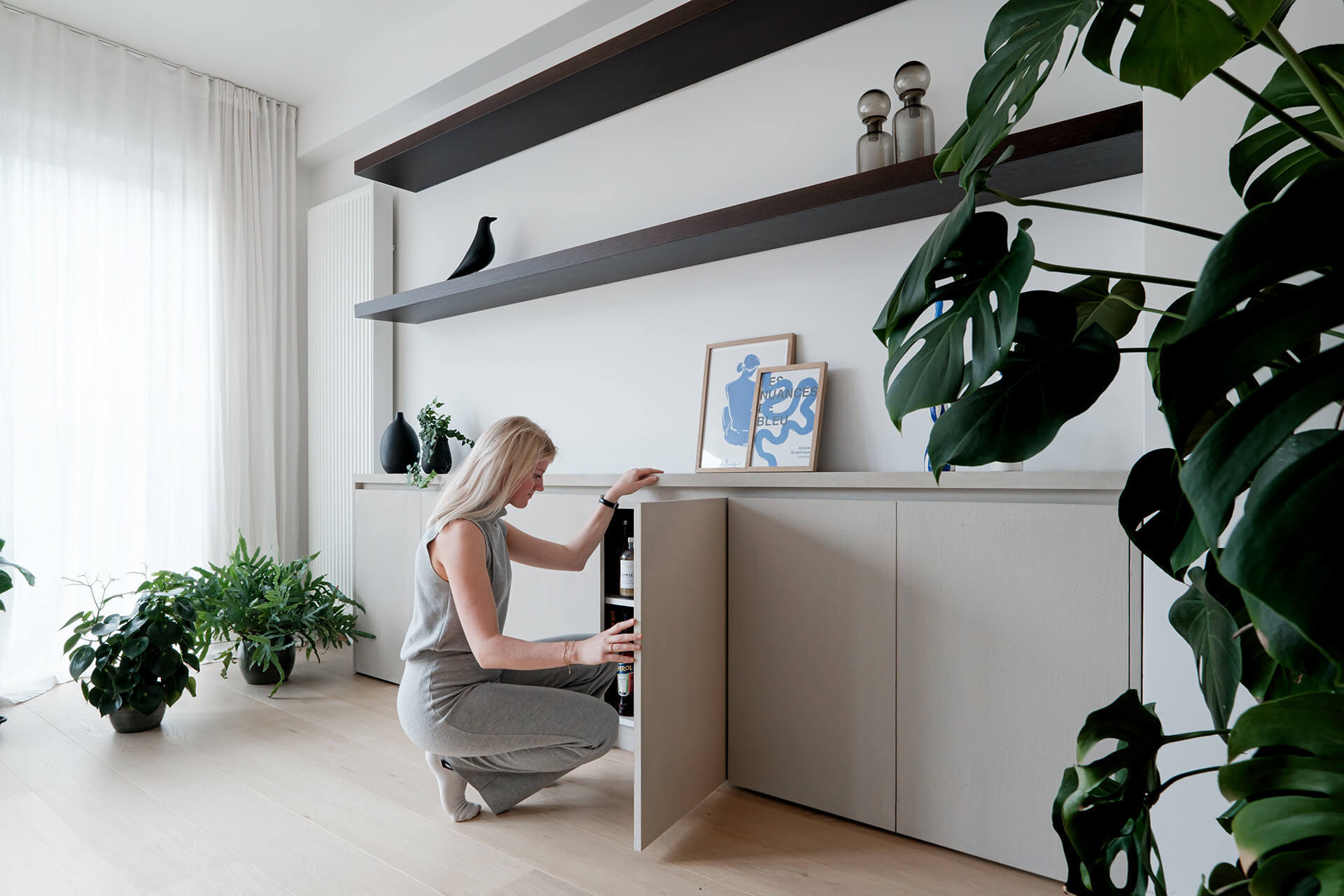 Sideboard in living room with concrete paint