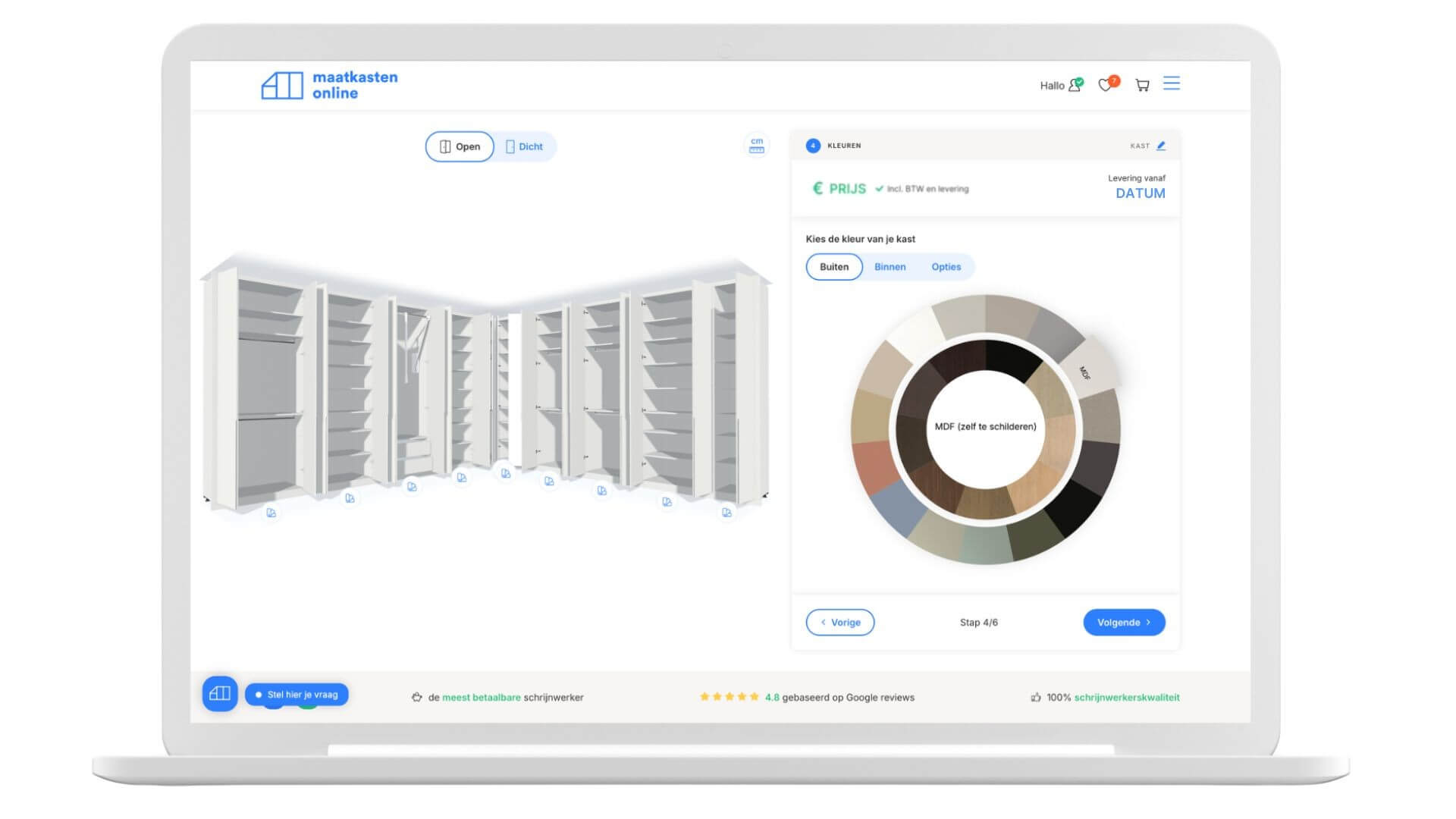 Conception en 3D d'une armoire d'angle dans l'outil de conception de Made-to-measure Maatkasten Online