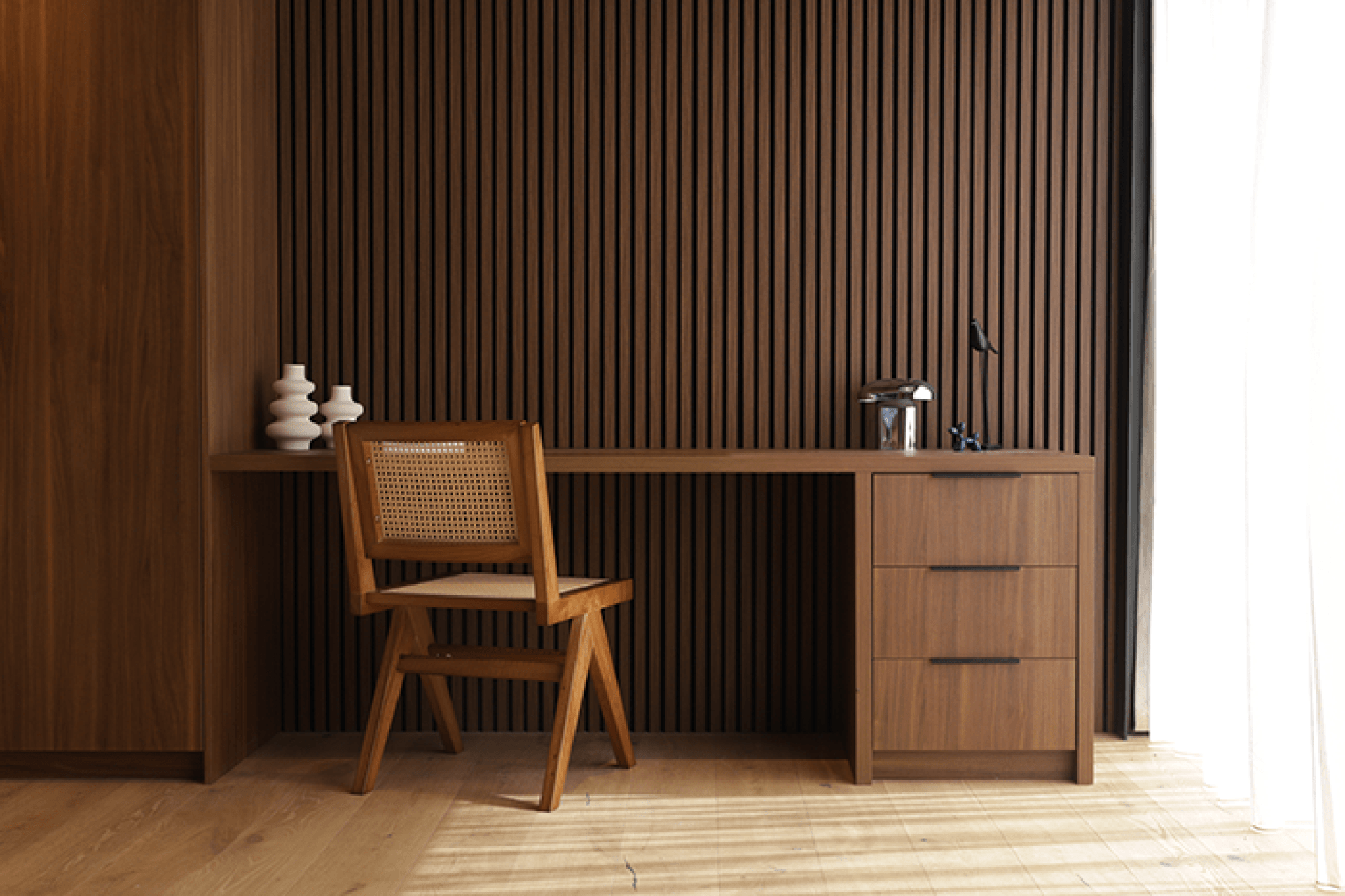 Home office with a desk in front of a Walnut Oak acoustic wall