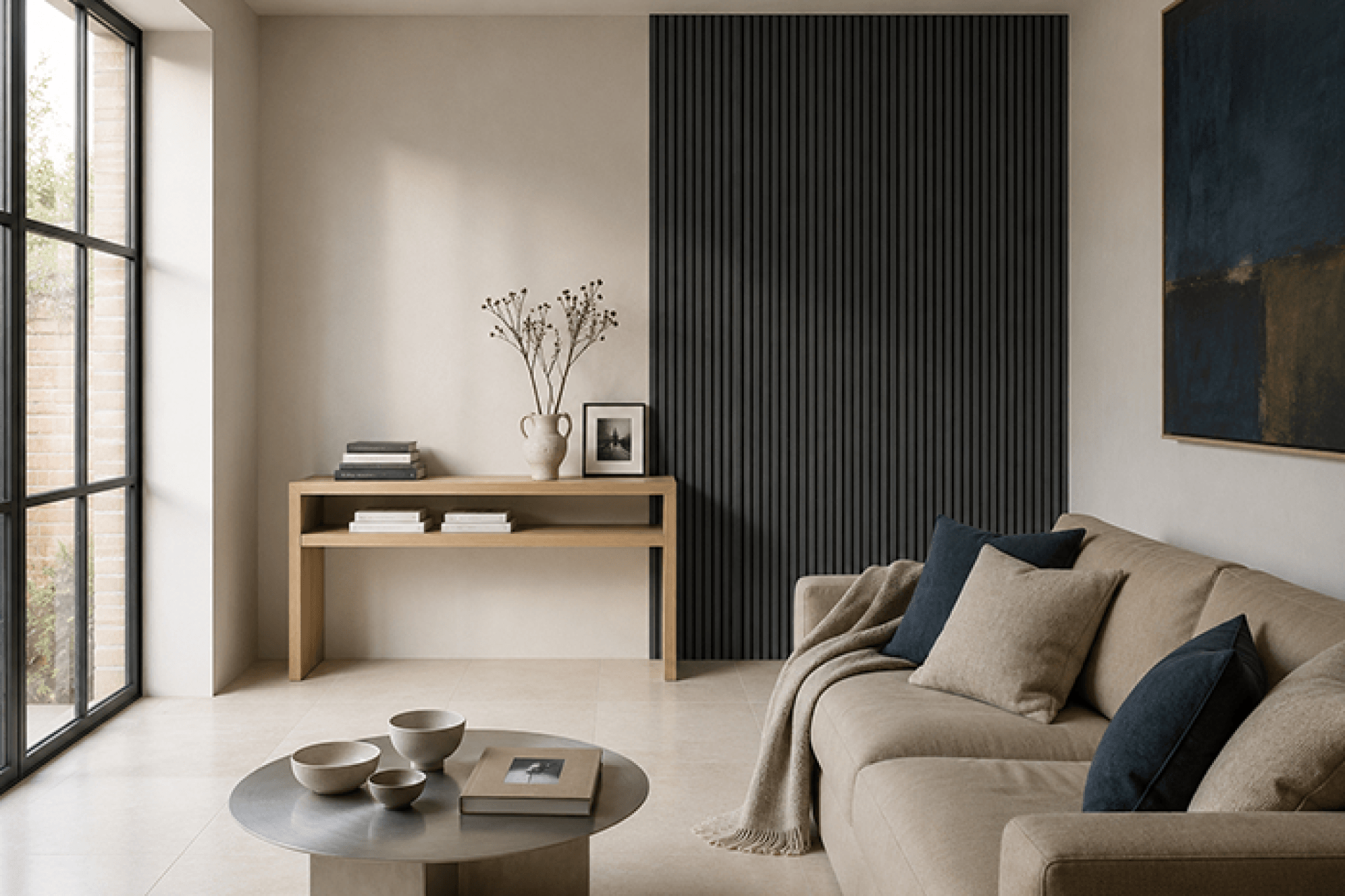 Living room with Charcoal Oak acoustic wall panels behind the sofa