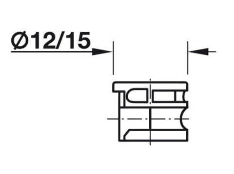 Schéma technique de la douille Minifix avec les dimensions. Le dessin met en évidence la forme cylindrique et indique le diamètre et la profondeur pour un placement précis dans des perçages standard de 15 mm dans les panneaux de meuble