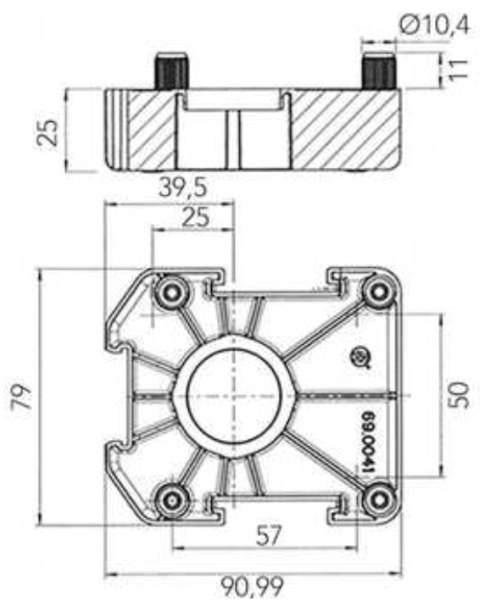 Gedetailleerde technische tekening van het onderstel voor een stelpoot. De tekening toont alle relevante afmetingen, de plaatsing van de bevestigingsgaten en de structuur van het kunststof onderdeel. Ideaal voor een correcte en stabiele montage in maatkasten.