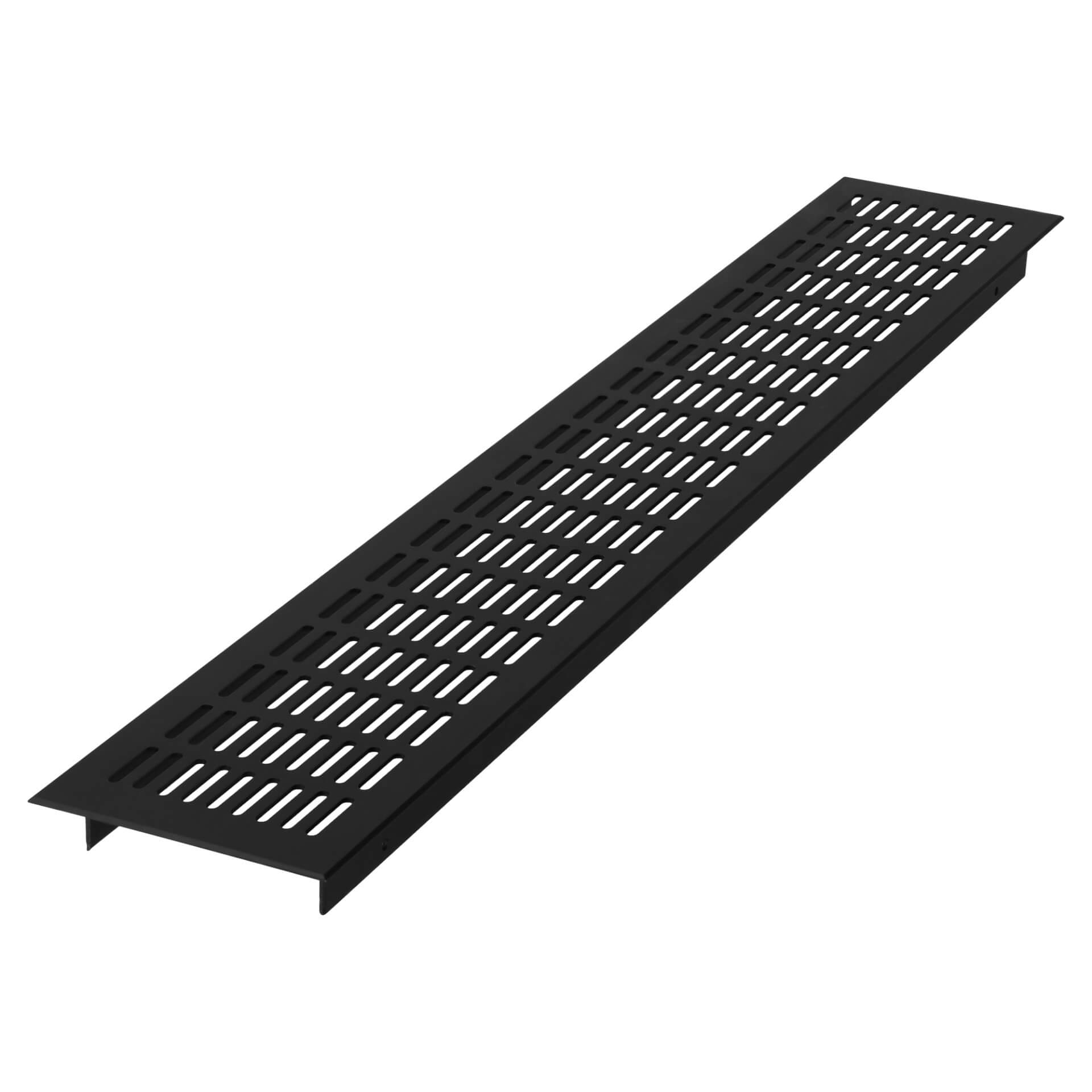 Het rooster heeft een strak en minimalistisch ontwerp met horizontale sleuven die zorgen voor een optimale luchtcirculatie. Dankzij de matzwarte afwerking past het discreet in moderne interieurs en kasten. Het is ideaal voor ventilatie in meubels, wanden of andere toepassingen waar een subtiele en functionele luchttoevoer gewenst is.