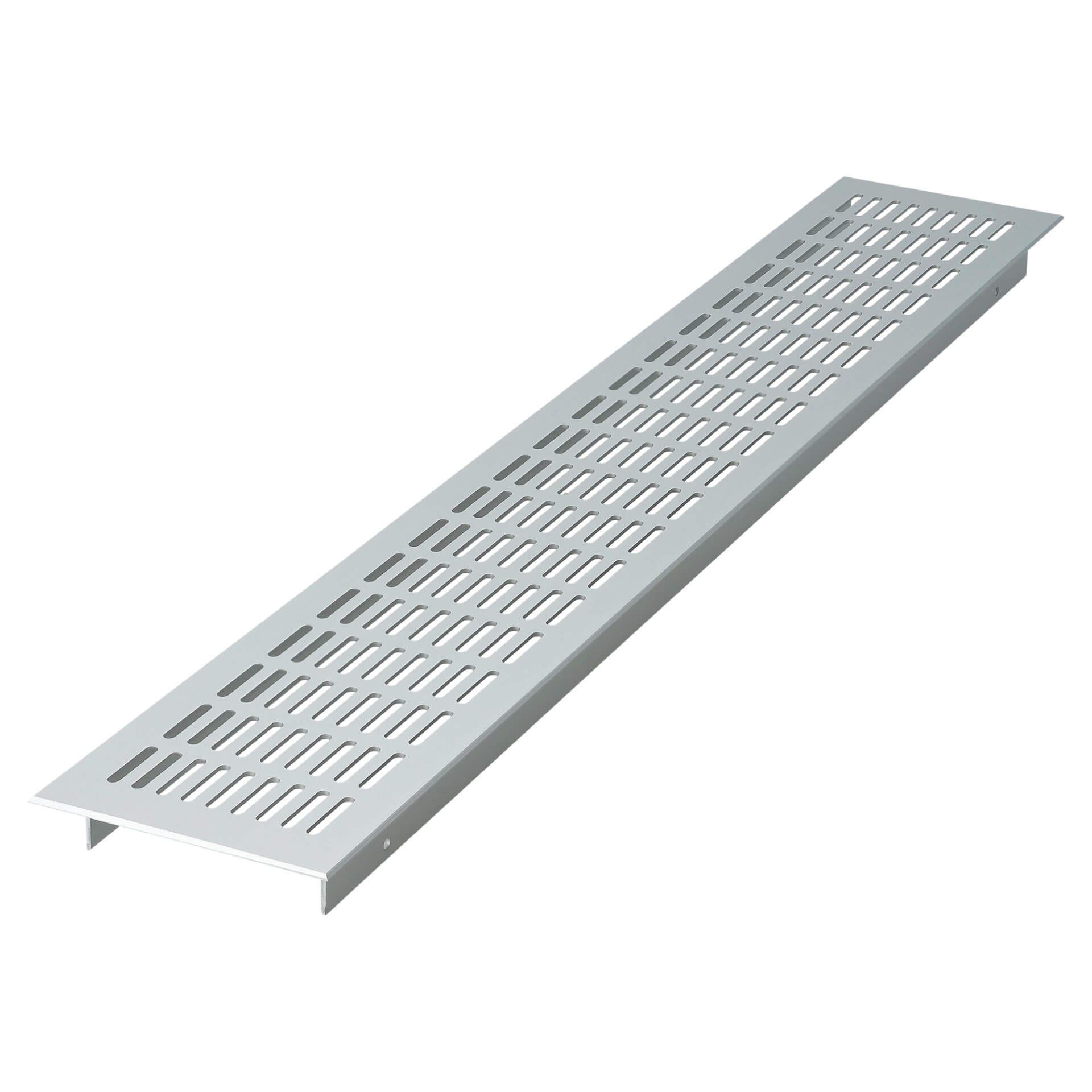 Het rooster heeft een modern en duurzaam ontwerp met horizontale sleuven die zorgen voor een efficiënte luchtcirculatie. Dankzij de elegante afwerking in geborsteld aluminium past het perfect in hedendaagse interieurs en meubels. Ideaal voor gebruik in kasten, wanden of andere toepassingen waar ventilatie nodig is met een stijlvolle uitstraling.