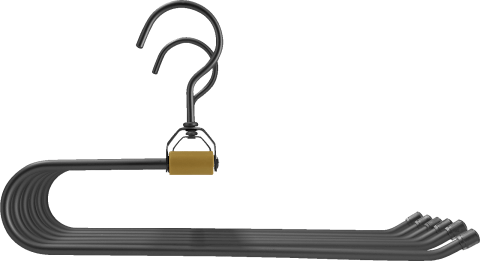 Zwarte broekhanger in gun metal, vooraanzicht. 2 haken, 36cm breed en 32cm lang. Plaats voor maximum 6 broeken. Uit de boetiek van Maatkasten Online.