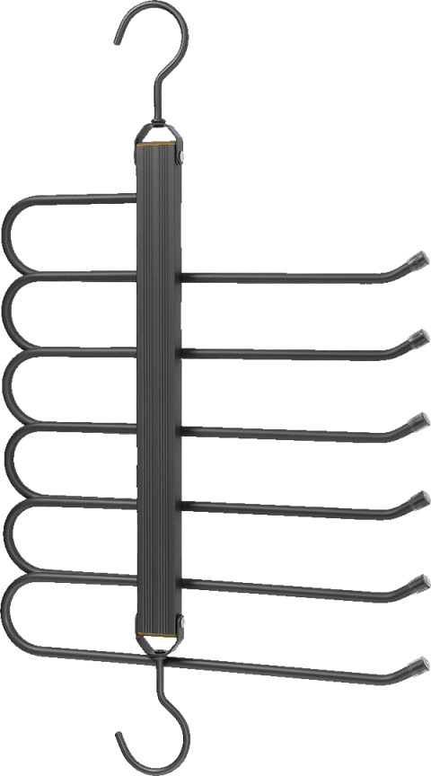 Zwarte broekhanger in gun metal, bovenaanzicht. 2 haken, 36cm breed en 32cm lang. Plaats voor maximum 6 broeken. Uit de boetiek van Maatkasten Online.