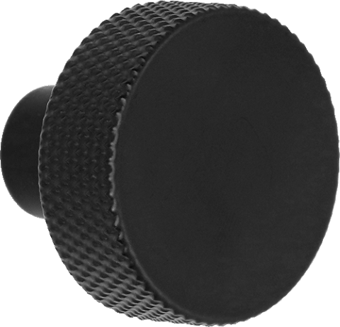 Button handgreep in het zwart, vooraanzicht. Diameter van 3,5cm, diamond cut structuur op de rand. Van uit de boetiek van Maatkasten Online.