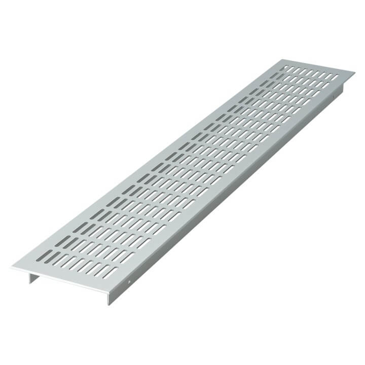 Het rooster heeft een modern en duurzaam ontwerp met horizontale sleuven die zorgen voor een efficiënte luchtcirculatie. Dankzij de elegante afwerking in geborsteld aluminium past het perfect in hedendaagse interieurs en meubels. Ideaal voor gebruik in kasten, wanden of andere toepassingen waar ventilatie nodig is met een stijlvolle uitstraling.
