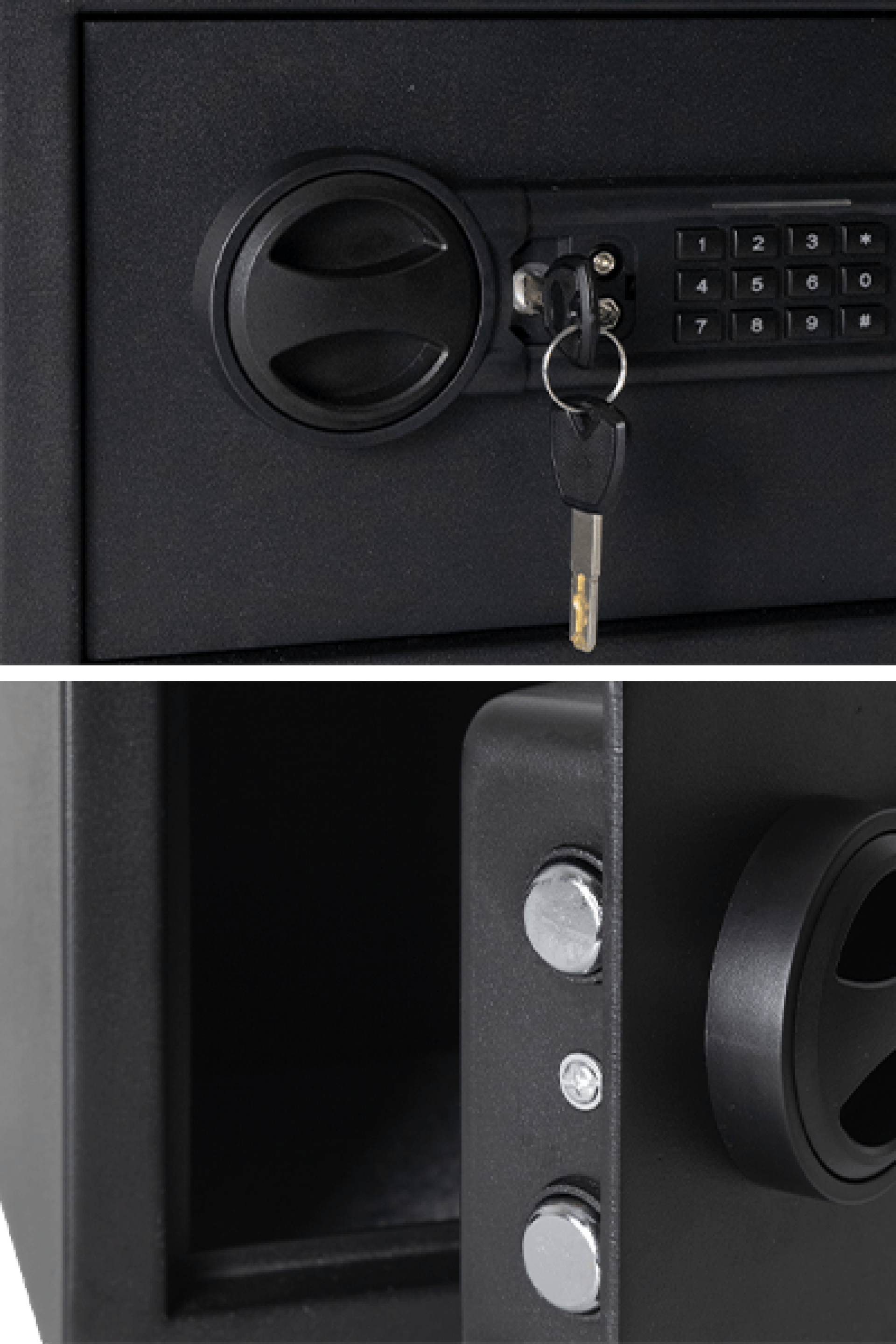Twee detailshots van de kluis beschikbaar in de boetiek van Maatkasten Online.