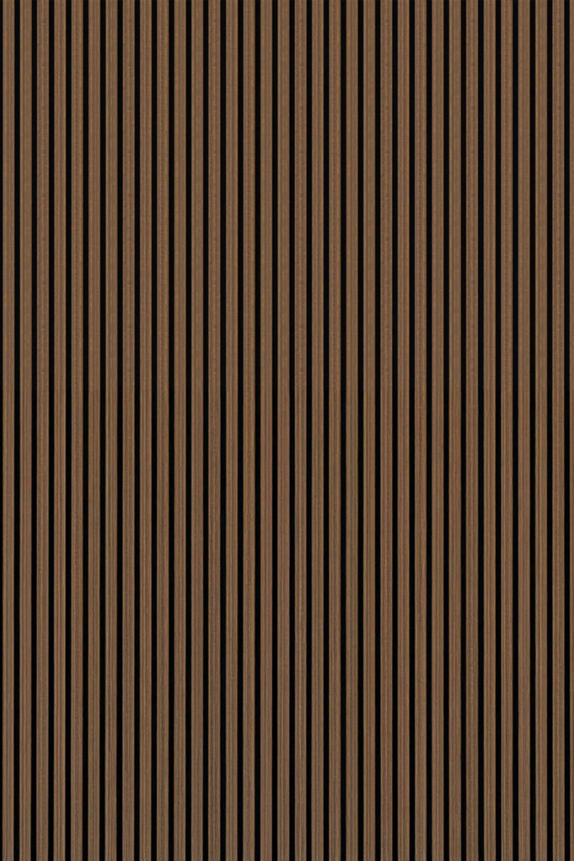 Detailshot van een akoestisch wandpaneel in Walnut Oak met vilt. Verkrijgbaar per paneel in de boetiek van Maatkasten Online.