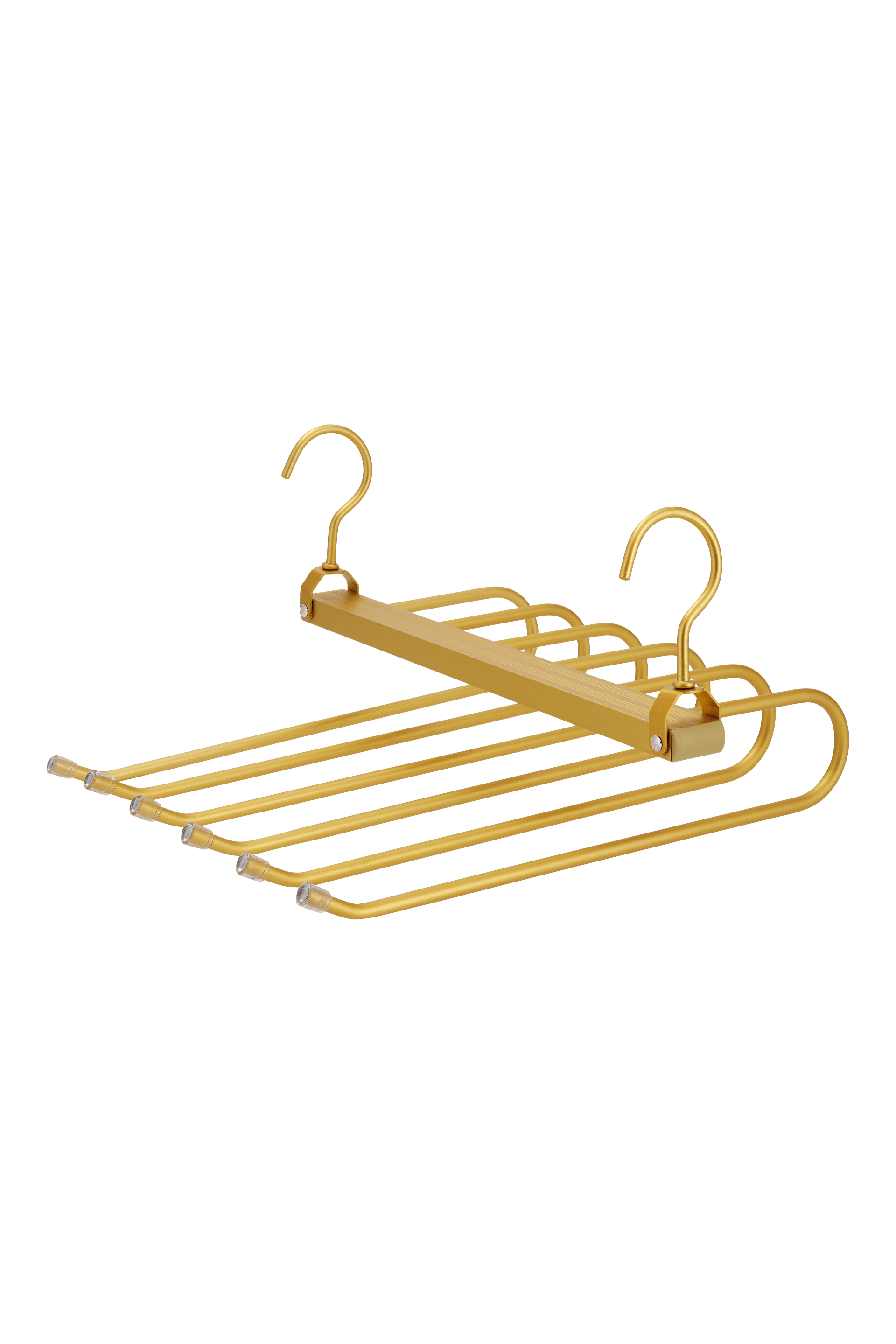 Goudkleurige kapstok voor broeken in messing, zijaanzicht. 2 haken, 36cm breed en 32cm lang. Ruimte voor maximum 6 broeken. Uit de boetiek van Maatkasten Online.