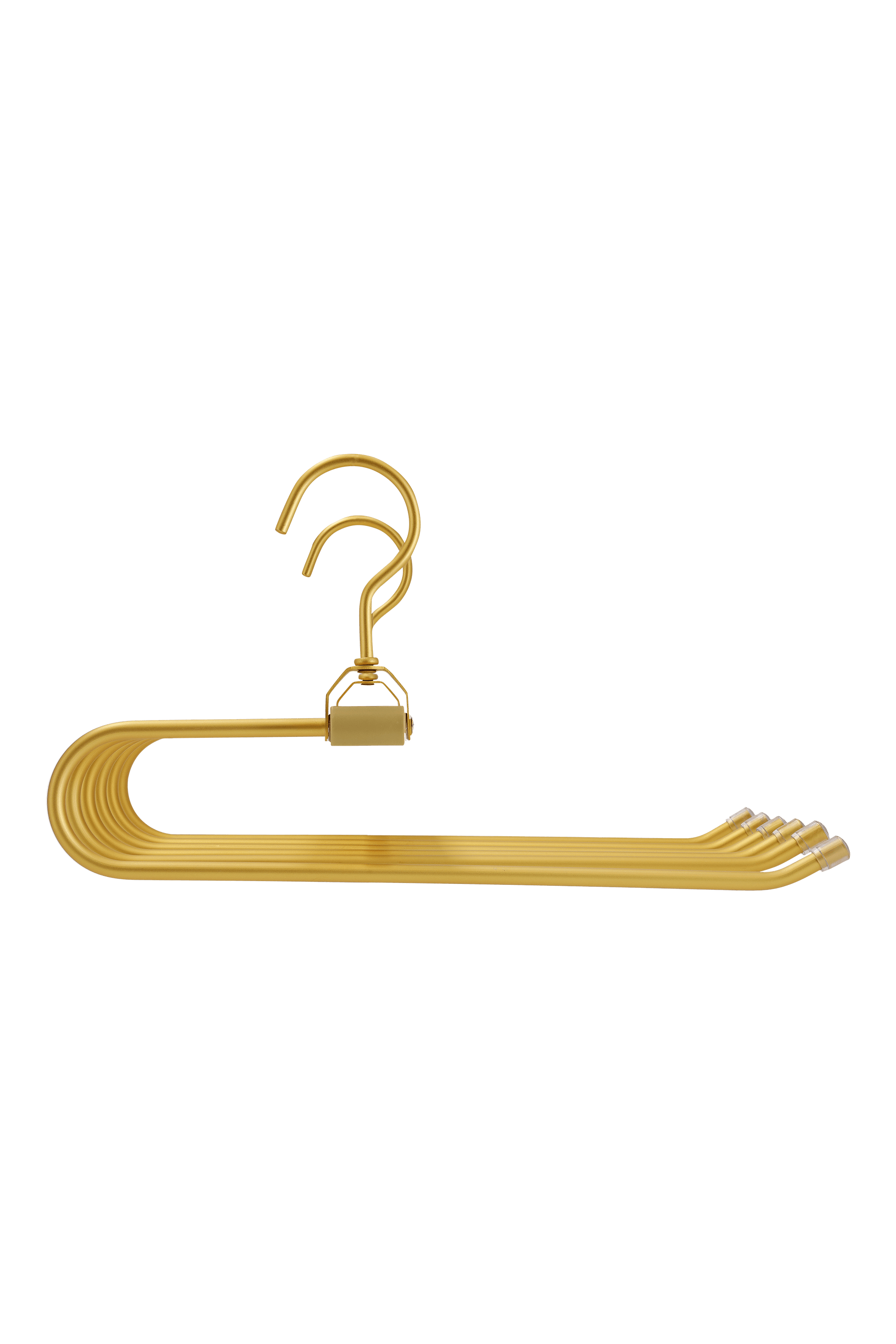 Goudkleurige kapstok voor broeken in messing, vooraanzicht. 2 haken, 36 cm breed en 32 cm lang. Ruimte voor maximum 6 broeken. Van de boetiek van Maatkasten Online.