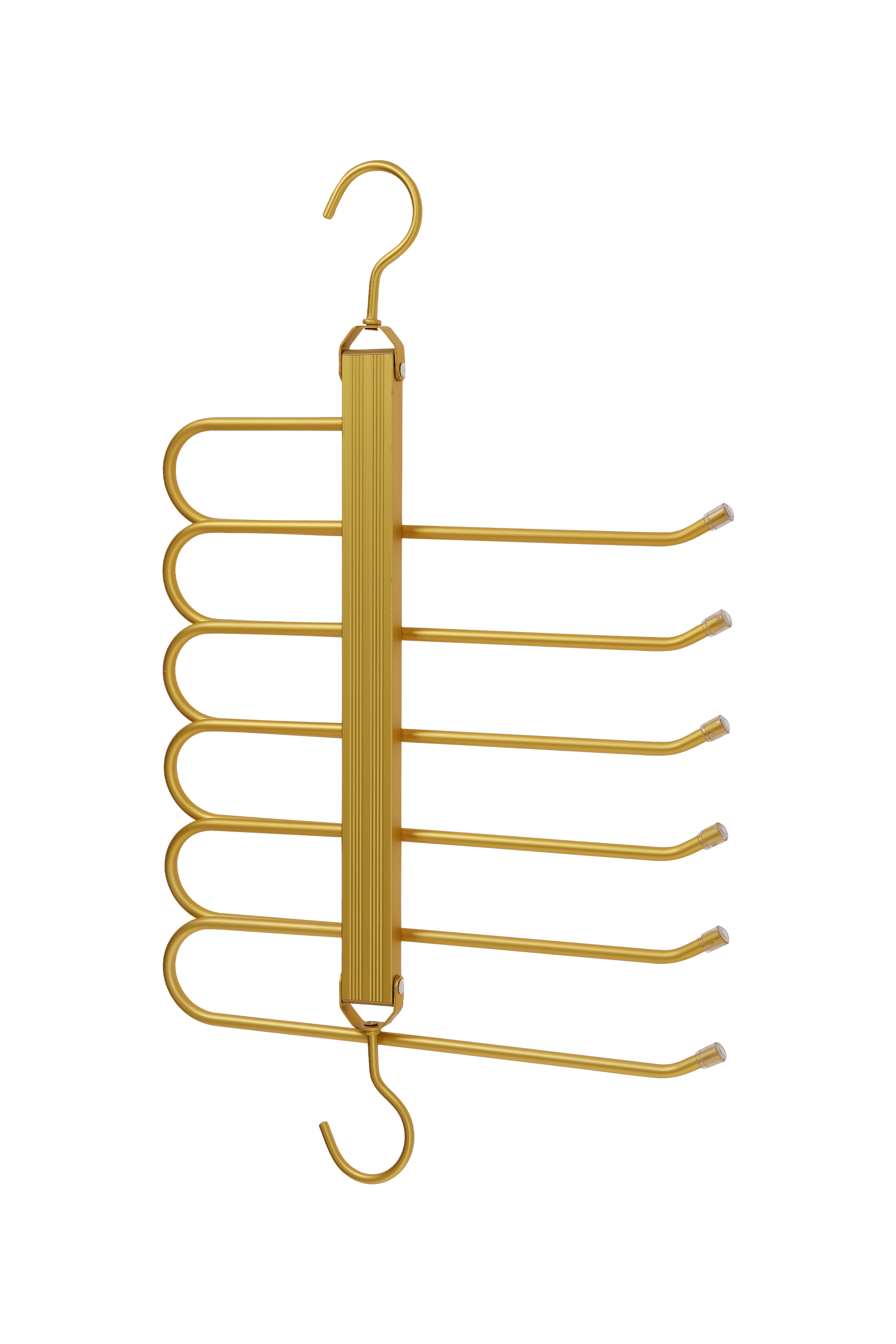 Goudkleurige broekhanger in messing, bovenaanzicht. 2 haken, 36 cm breed, 32 cm lang. Ruimte voor max 6 broeken. Uit de boetiek van Maatkasten Online.
