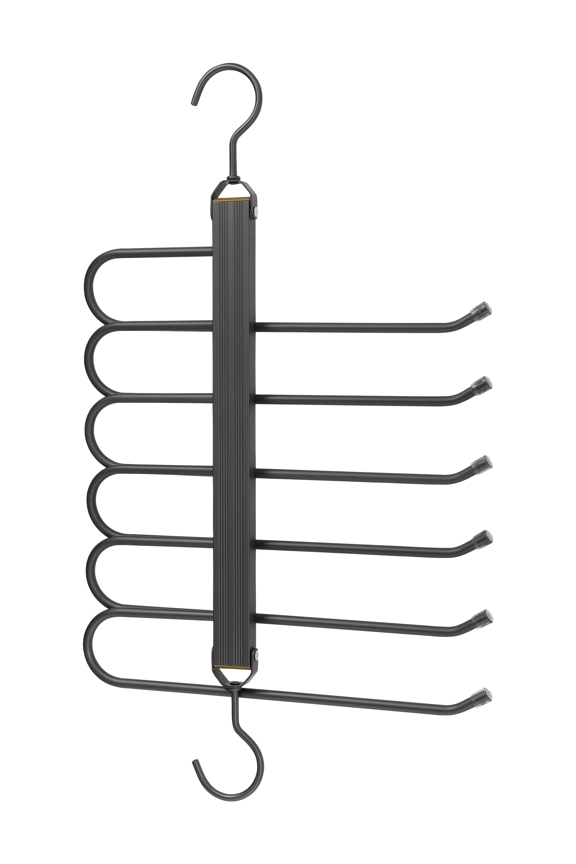 Zwarte broekhanger in gun metal, bovenaanzicht. 2 haken, 36cm breed en 32cm lang. Plaats voor maximum 6 broeken. Uit de boetiek van Maatkasten Online.
