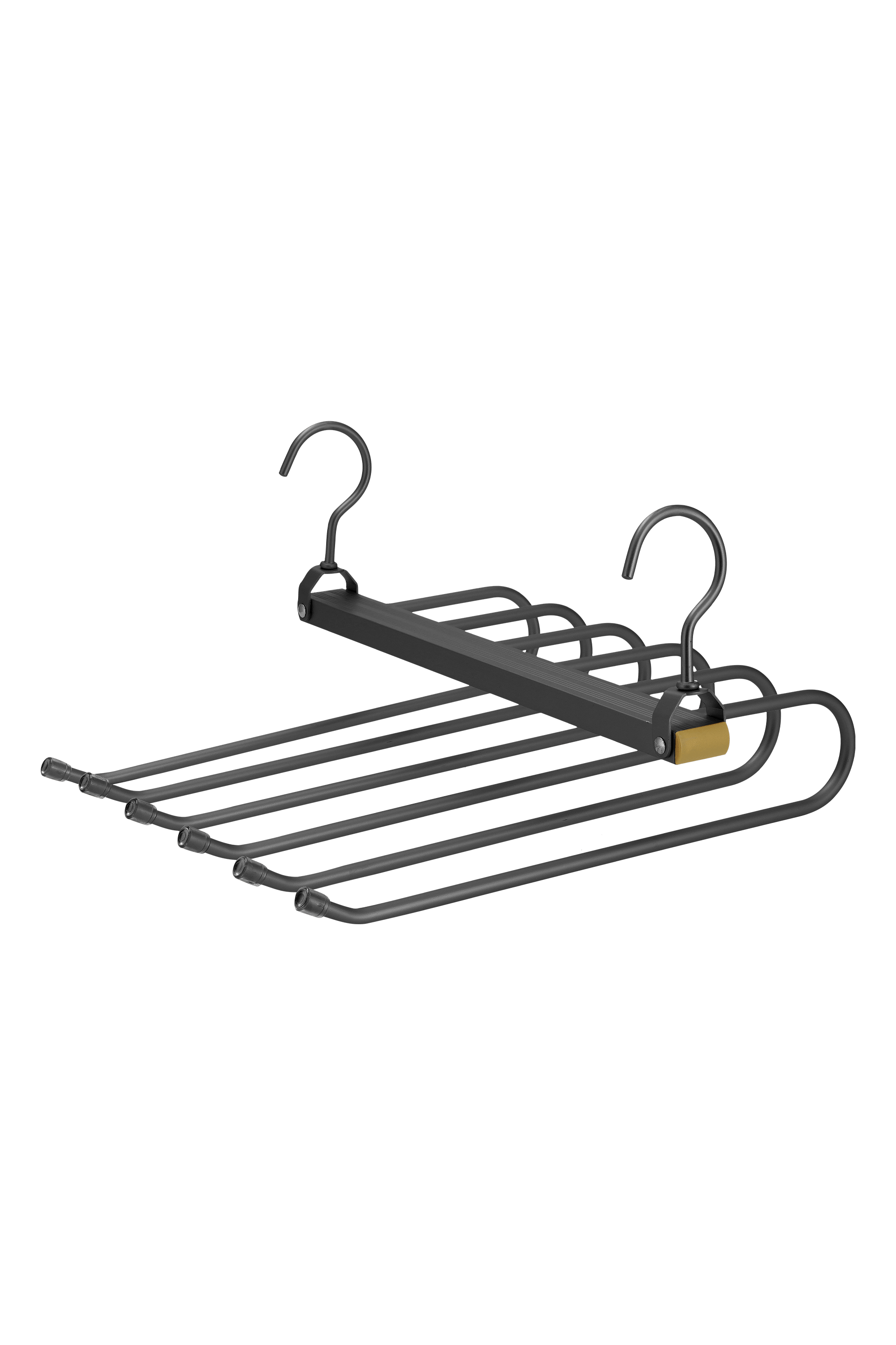 Zwarte kapstok voor broeken in gun metal, zij aanzicht. 2 haken, 36cm breed en 32cm lang. Plaats voor maximum 6 broeken. Uit de boetiek van Maatkasten Online.