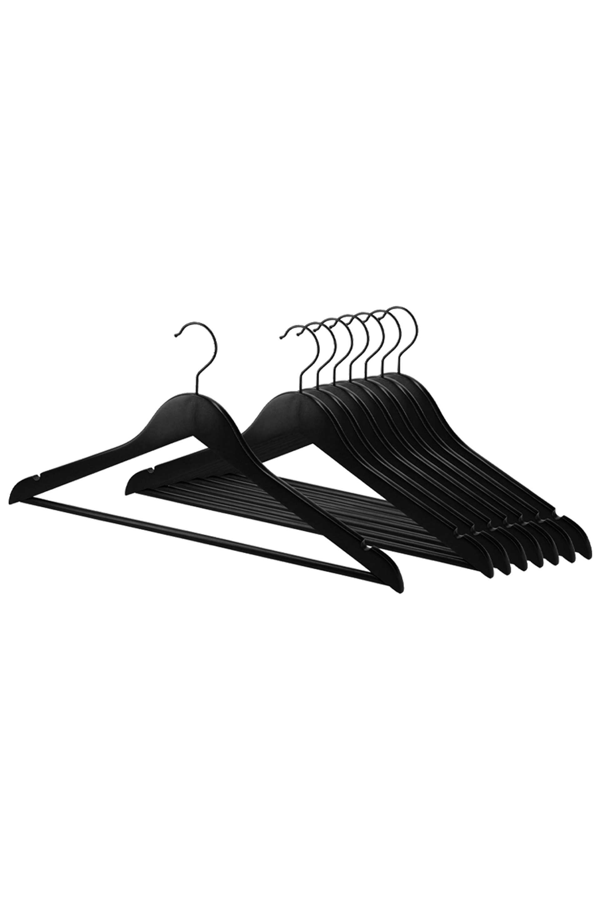 Zwarte kleerhanger in duurzaam hardhout, groep van 8 kapstokken met voorste hanger van de groep uitgelicht. 44,5 cm breed, 12 cm lang en 21 cm hoog. Uit de boetiek van Maatkasten Online.