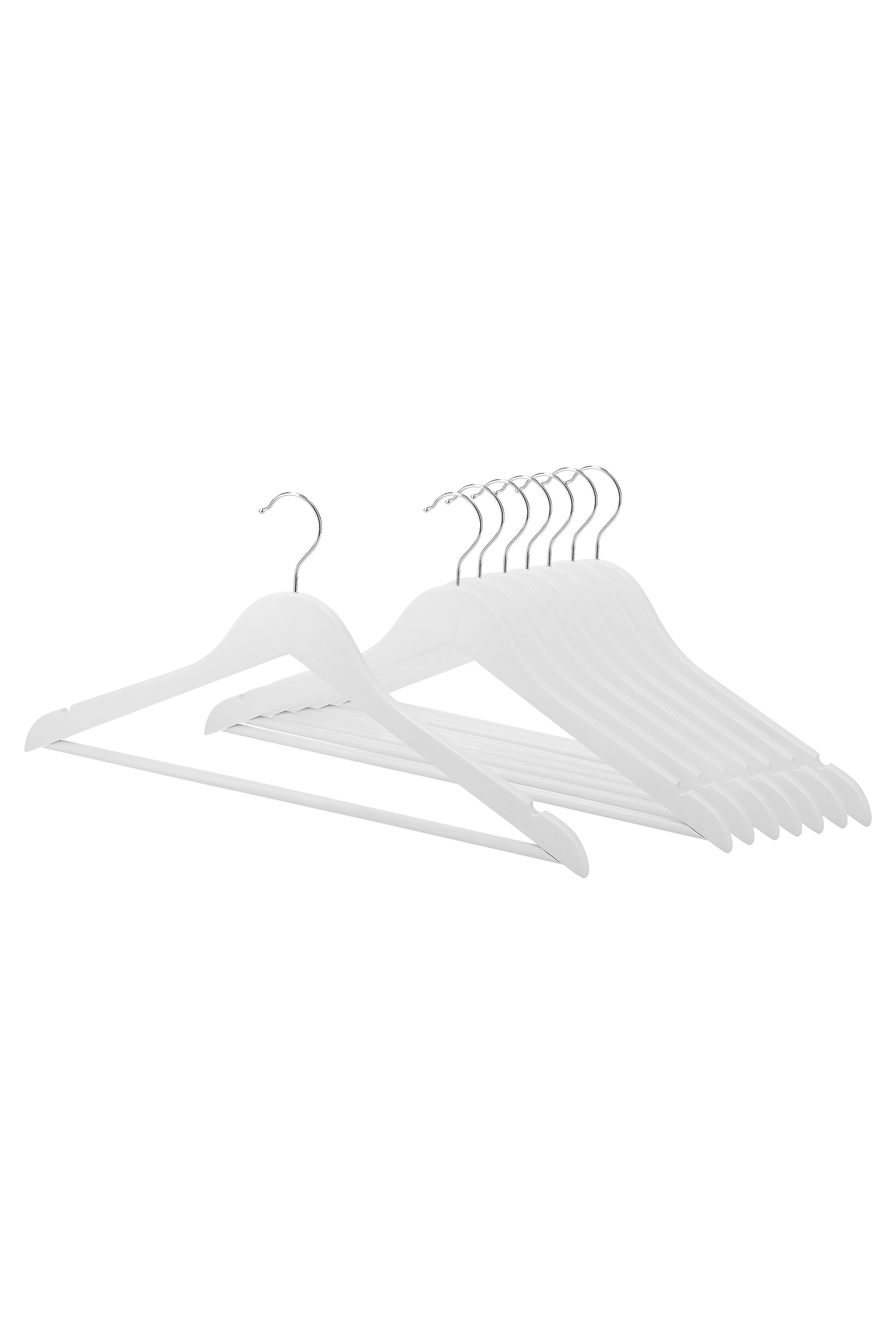 Witte kleerhanger in duurzaam hardhout, groep van 8 kapstokken met voorste hanger van de groep uitgelicht. 44,5 cm breed, 12 cm lang en 21 cm hoog. Uit de boetiek van Maatkasten Online.