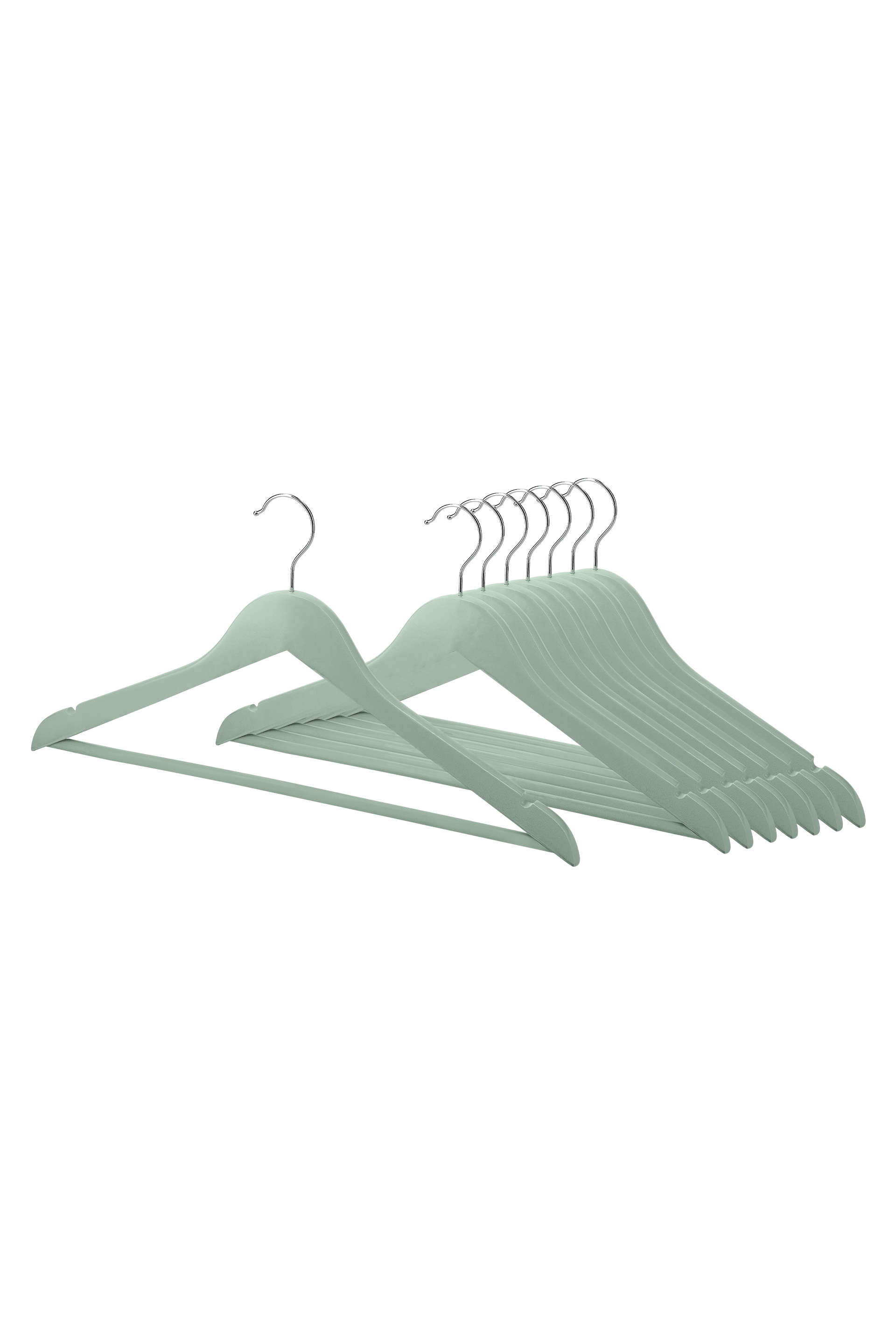 Kleerhanger in de kleur Industrial Green in duurzaam hardhout, groep van 20 kapstokken met voorste hanger van de groep uitgelicht. 44,5 cm breed, 12 cm lang, 21 cm hoog. Uit de boetiek van Maatkasten Online.