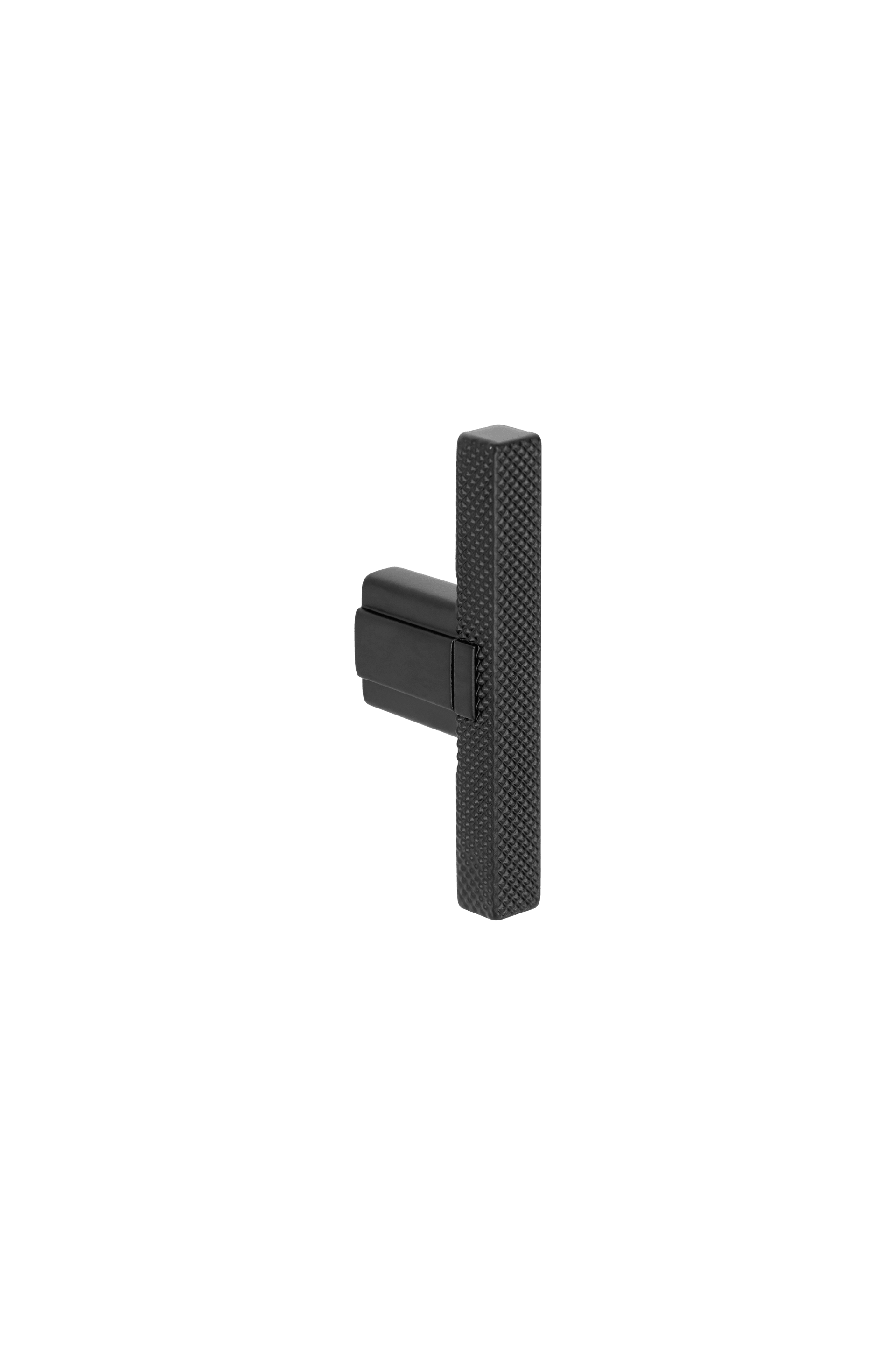 T-Diamond handgreep in zwart, staande. Mat zwarte handgreep, diamond cut structuur, lengte van 6,5cm. Van uit de boetiek van Maatkasten Online