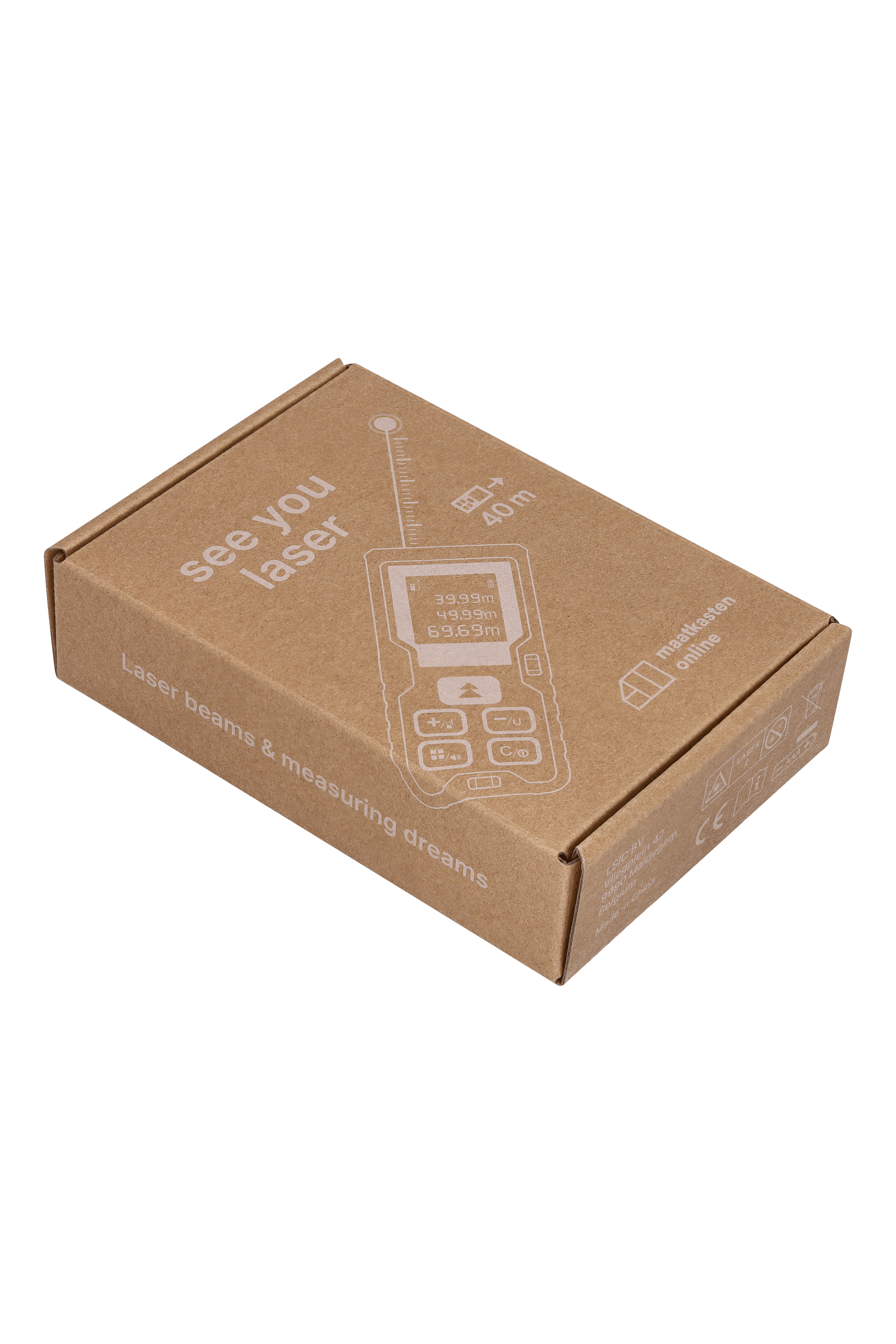 product foto van de doos waarin een lasermeter van Maatkasten Online verpakt wordt
