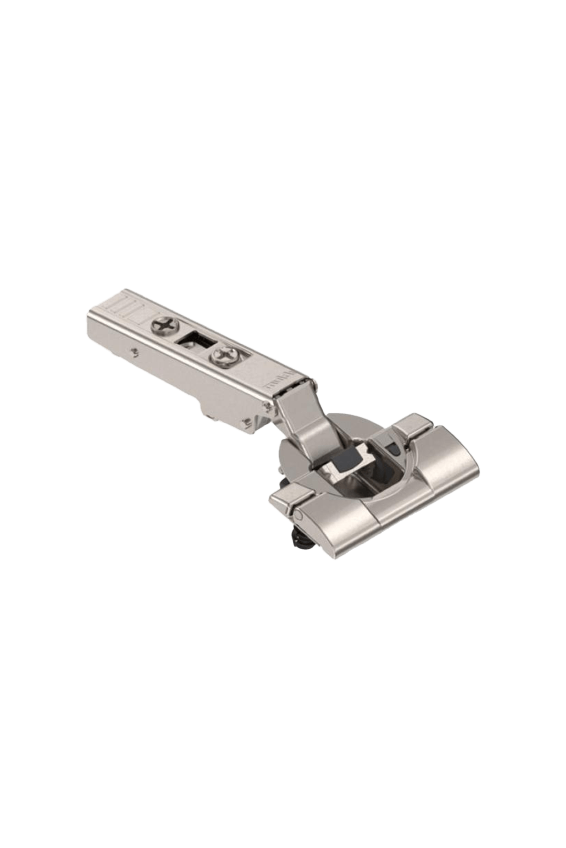 Close-up van een Blum 110° soft close scharnier in metallic uitvoering, gemonteerd op een maatkastdeur. Het scharnier toont de strakke afwerking en het mechanisme voor zacht sluiten.
