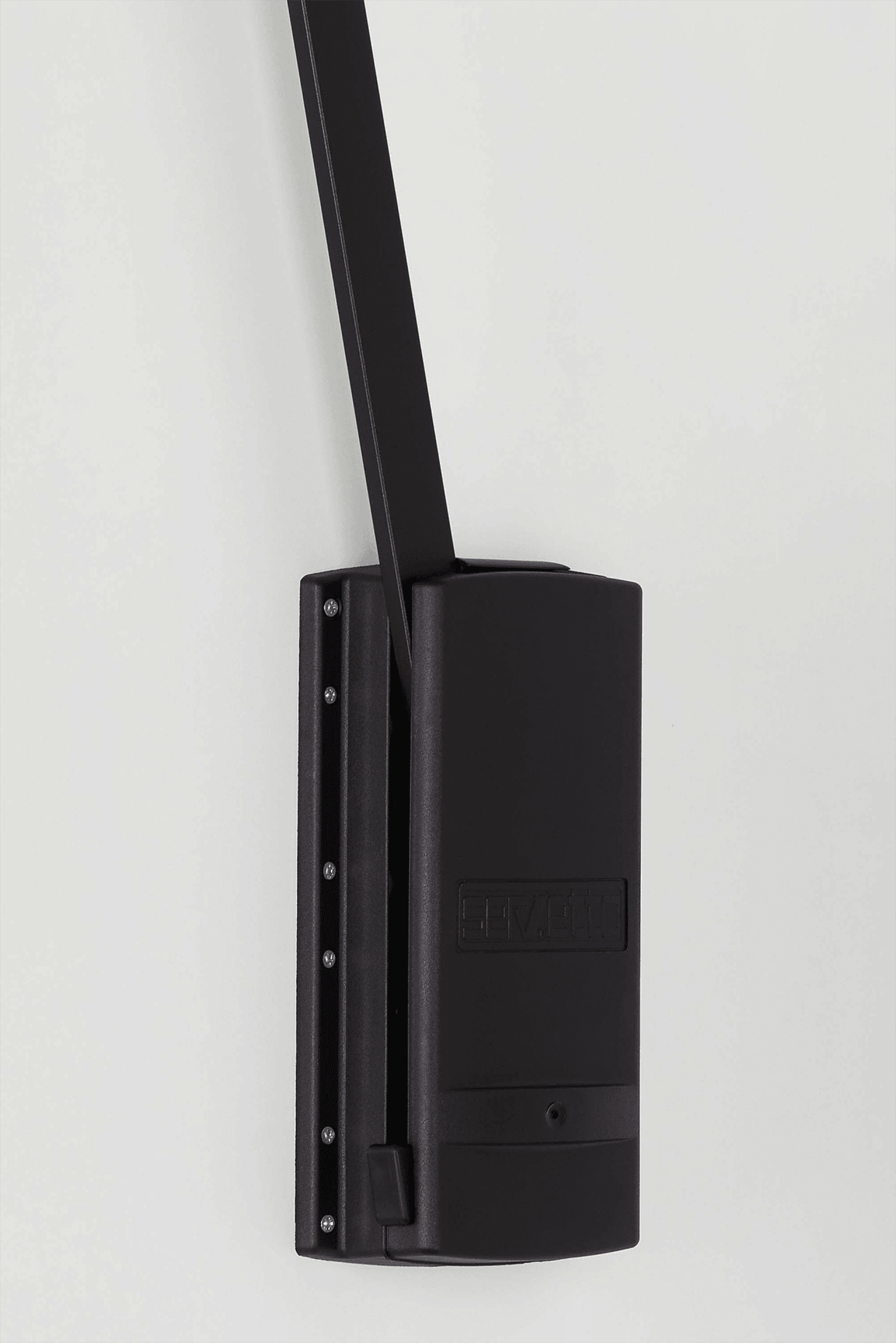 The image shows a sleek, modern design in which the metal arms and housing are finished entirely in matte black. The product is mounted to the inside of a wardrobe and features a lifting mechanism that allows clothes rods to be pulled down for easy access. The combination of the sturdy arm construction and the minimalist design ensures both functionality and an elegant appearance within the wardrobe interior.