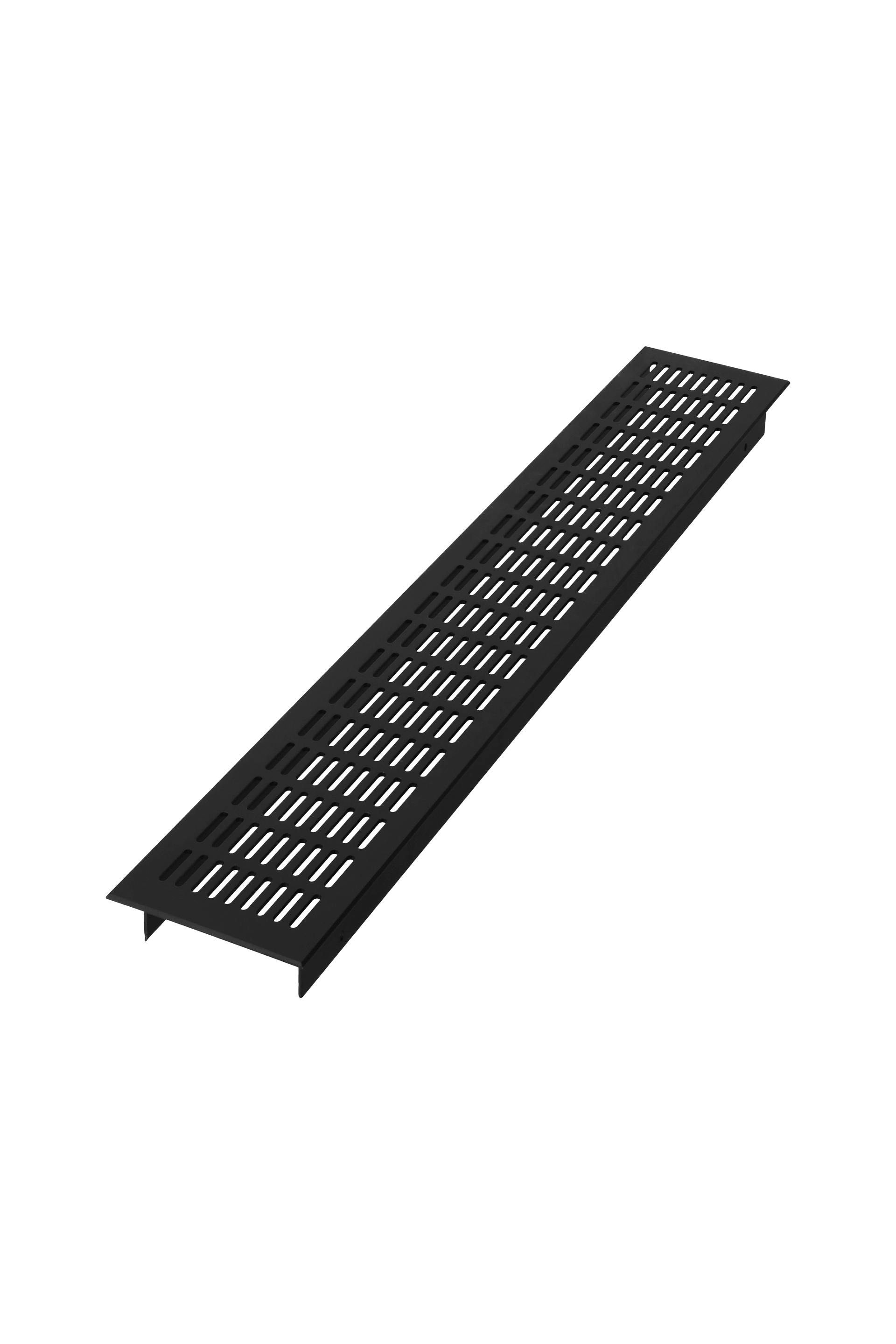 The grille features a sleek and minimalist design with horizontal slots that ensure optimal air circulation. Thanks to the matte black finish, it blends discreetly into modern interiors and cabinets. It is ideal for ventilation in furniture, walls, or other applications where a subtle and functional air supply is desired.